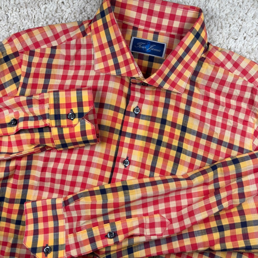 Tom James Mens Button Down Shirt L Red Yellow Multi Plaid Long Sleeve Luxury
